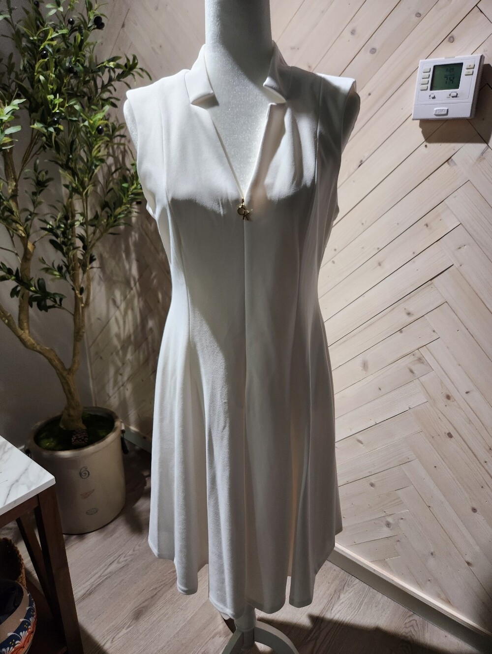 Calvin Klein White V-Neck A-Line Dress